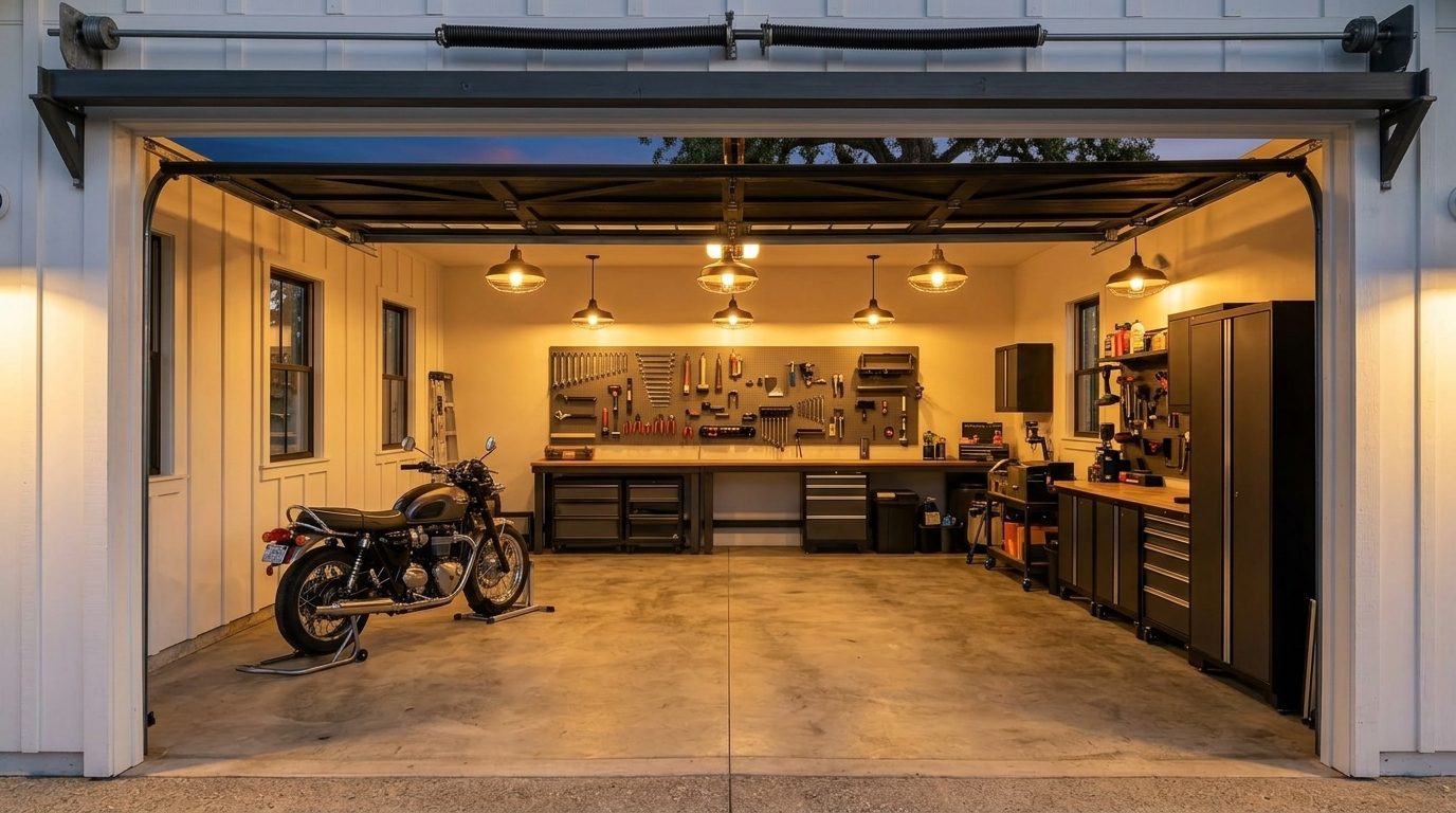 Foster Garage Door Service Interior View of Custom Garage Door Overhead and Workshop